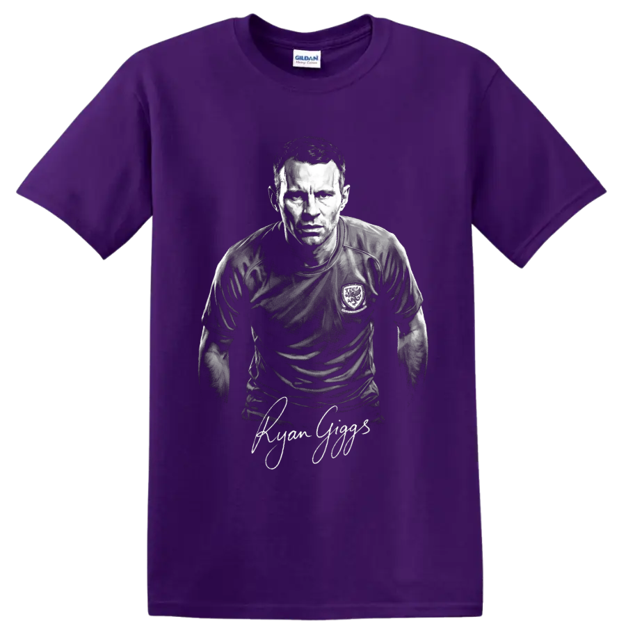 Ryan Giggs monochrome Welsh soccer player portrait with signature-style lettering on a Purple T Shirt
