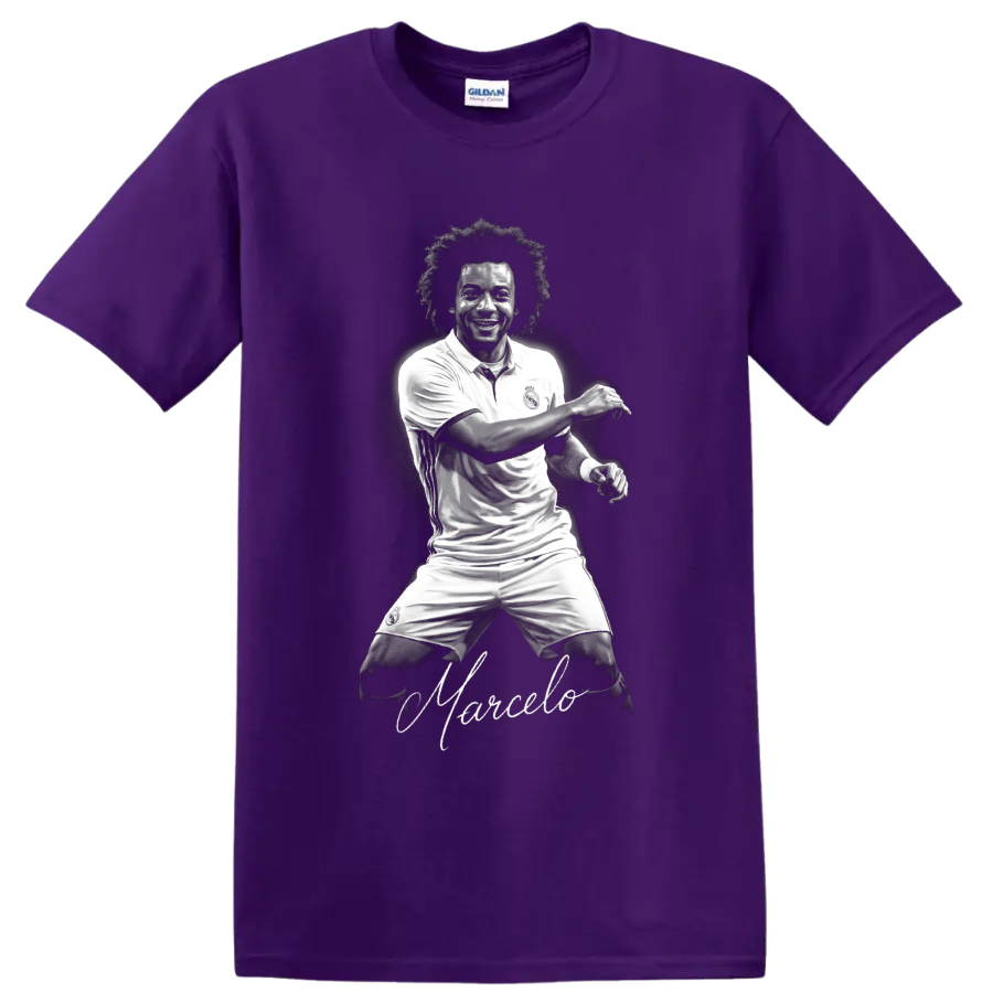 Marcelo Real Madrid soccer player monochrome portrait with signature-style Marcelo script on a Purple T Shirt