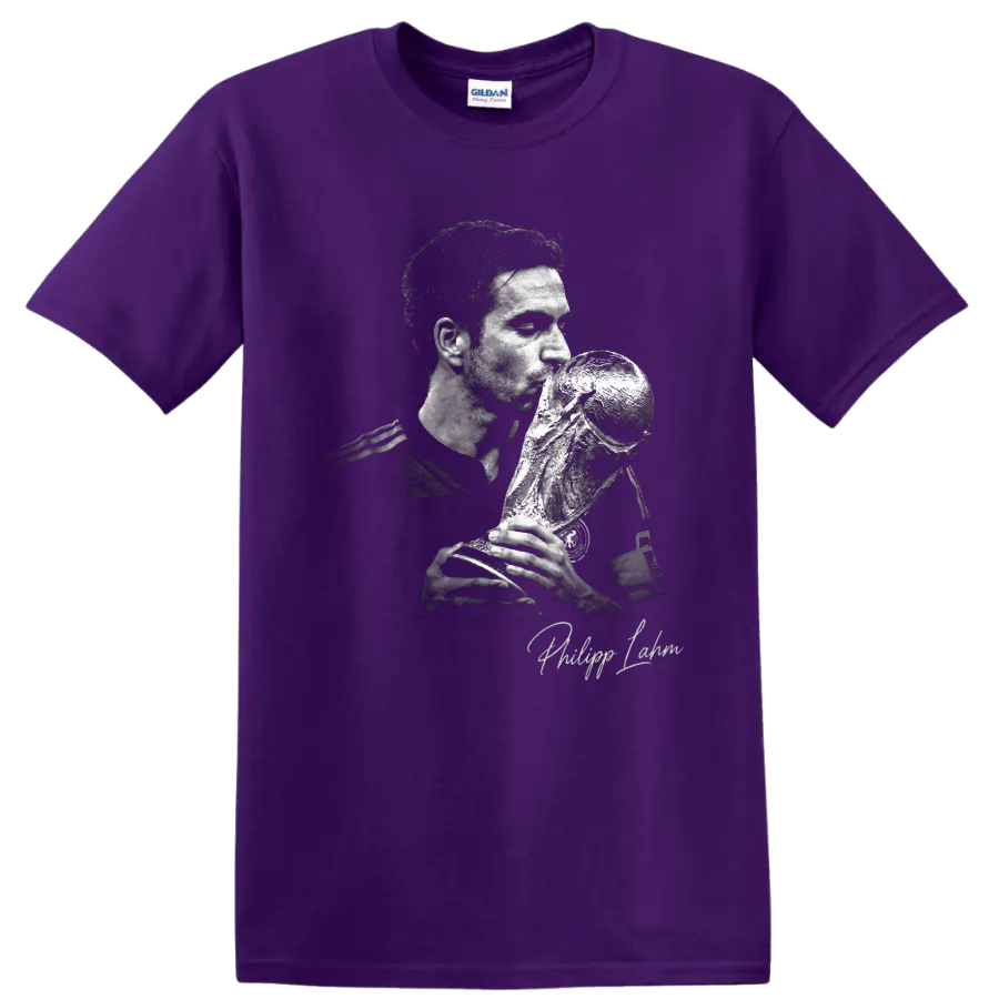 Philipp Lahm monochrome portrait kissing the World Cup trophy with signature text on a Purple T Shirt