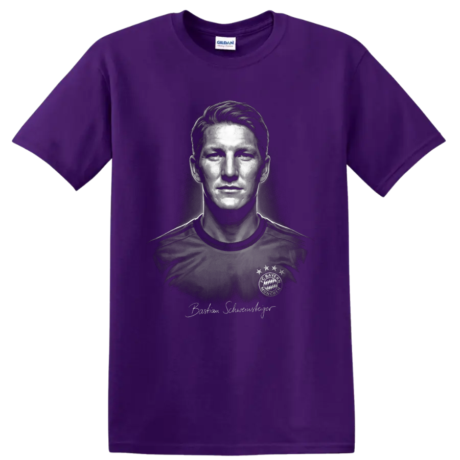 Bastian Schweinsteiger grayscale Bayern Munich soccer portrait with signature-style text on a Purple T Shirt