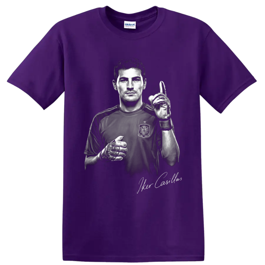 Iker Casillas grayscale goalkeeper portrait with gloves and signature-style lettering on a Purple T Shirt