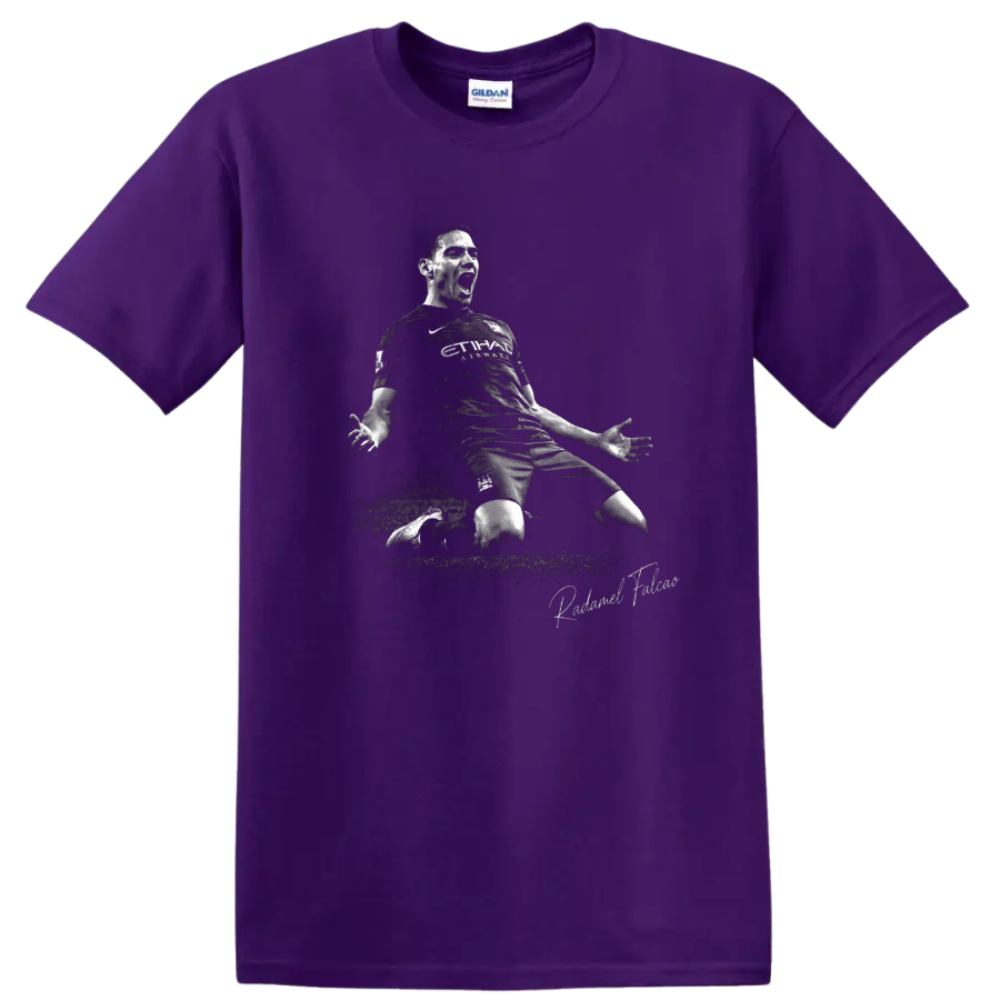 Radamel Falcao knee-slide soccer celebration in distressed black-and-white artwork on a Purple T Shirt