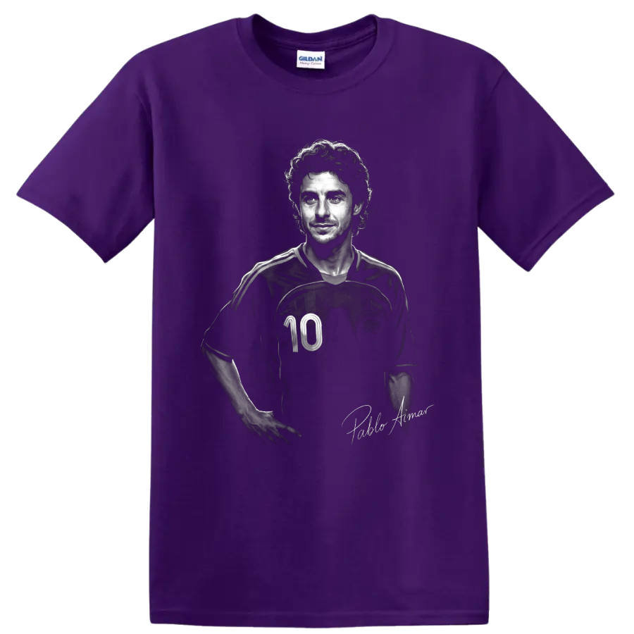 Pablo Aimar monochrome soccer portrait in number 10 jersey with signature-style text on a Purple T Shirt