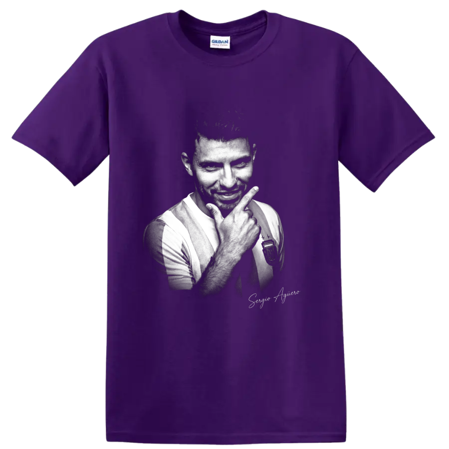Sergio Agüero Argentina soccer portrait in vintage black-and-white graphic style on a Purple T Shirt