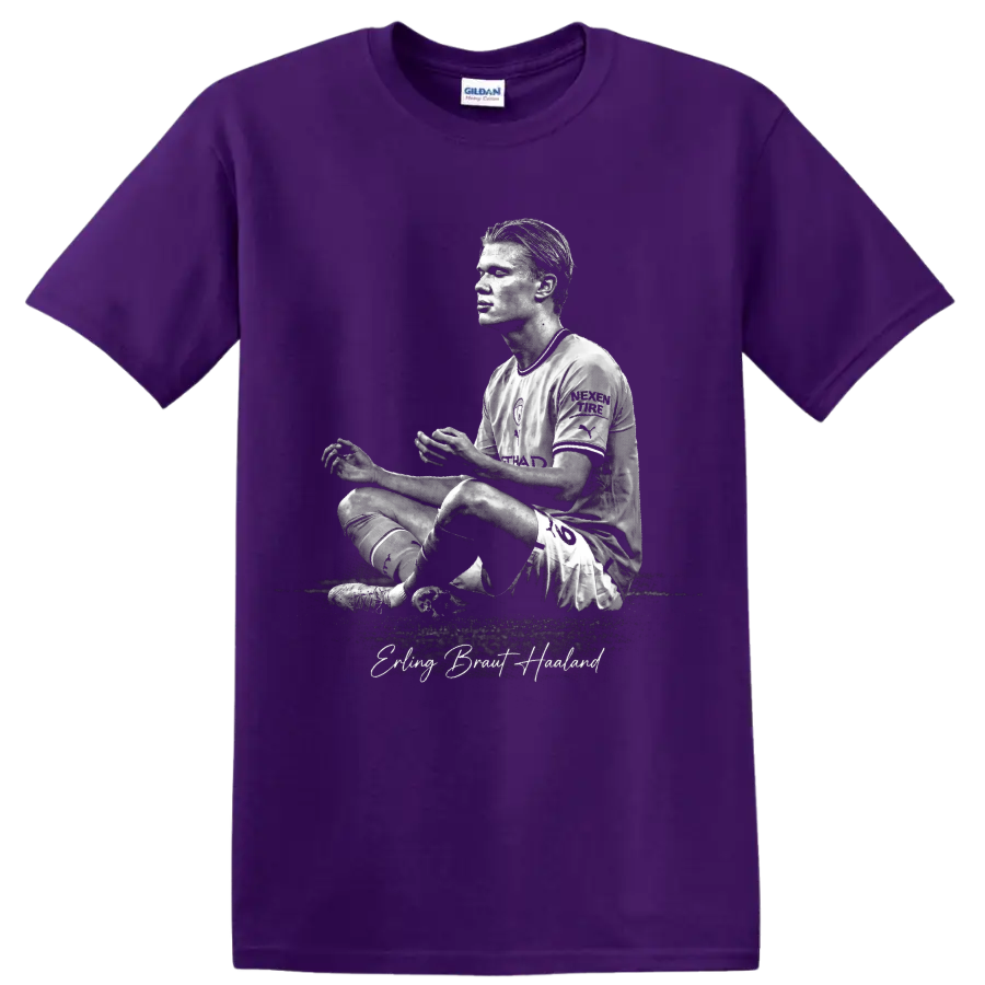 Erling Haaland grayscale seated soccer portrait with signature-style name text on a Purple T Shirt