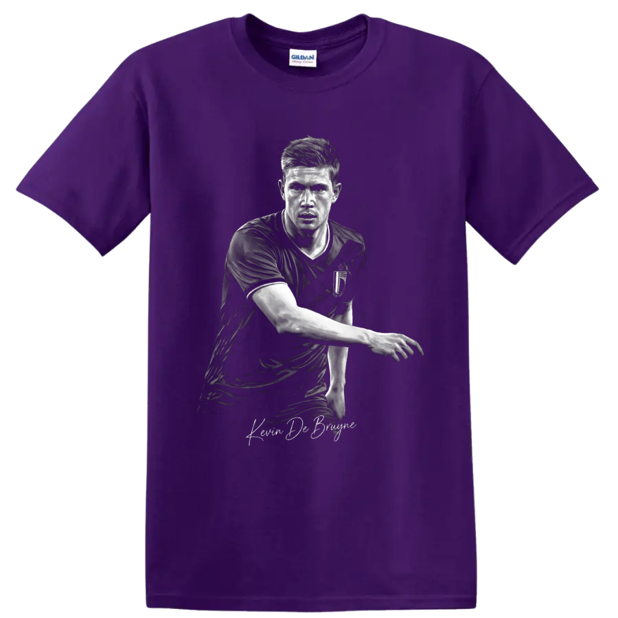 Kevin De Bruyne monochrome Belgium soccer portrait with signature-style lettering on a Purple T Shirt