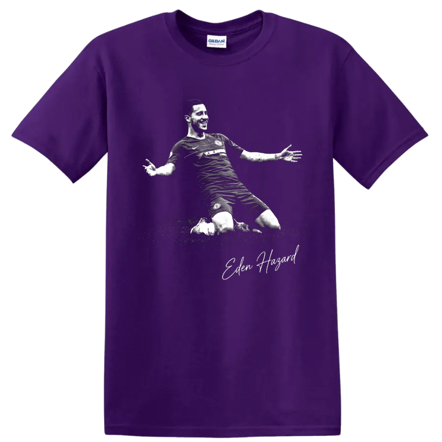 Eden Hazard knee-slide soccer celebration in distressed monochrome with signature detail on a Purple T Shirt