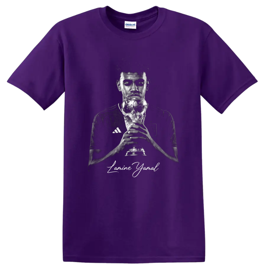 Lamine Yamal holding a championship trophy in distressed monochrome portrait art on a Purple T Shirt