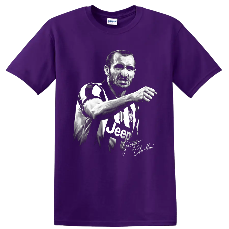 Giorgio Chiellini black-and-white Juventus defender portrait with signature-style script on a Purple T Shirt