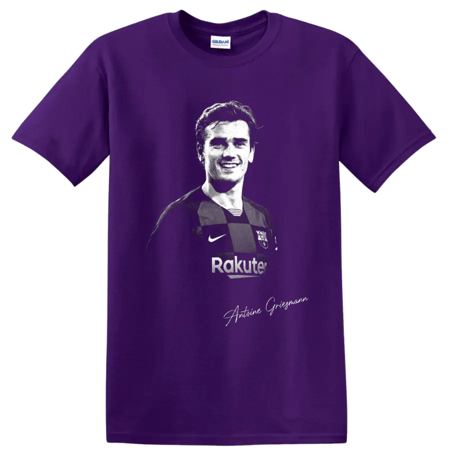 Antoine Griezmann monochrome soccer portrait in Barcelona jersey with signature script on a Purple T Shirt