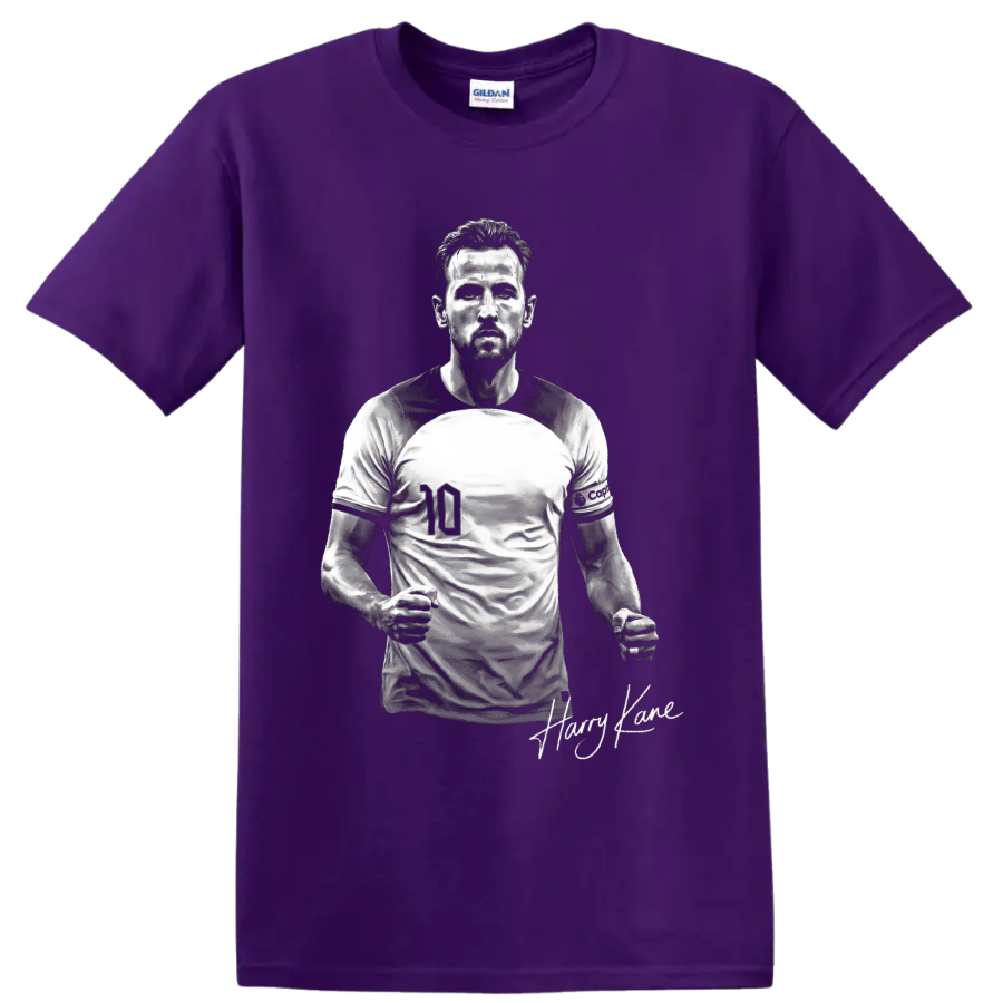 Harry Kane England soccer player portrait with number 10 jersey and signature detail on a Purple T Shirt