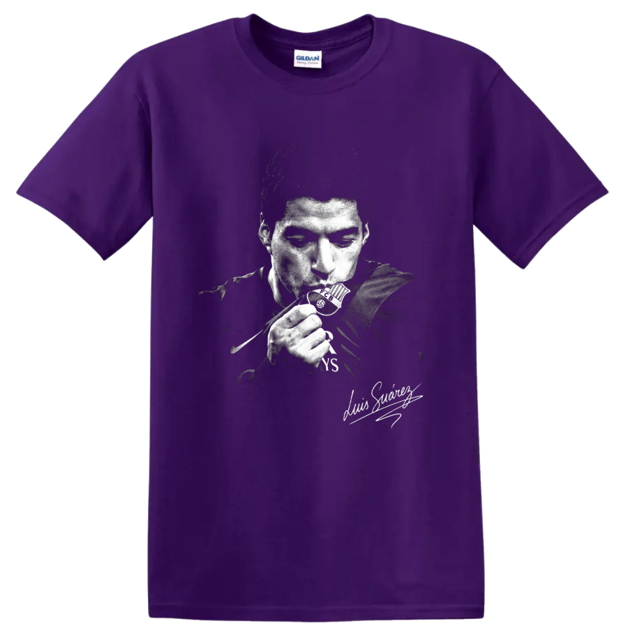 Luis Suárez distressed black-and-white soccer portrait with signature-style detail on a Purple T Shirt