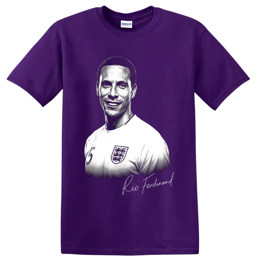 Rio Ferdinand England soccer number 5 portrait with signature-style lettering on a Purple T Shirt