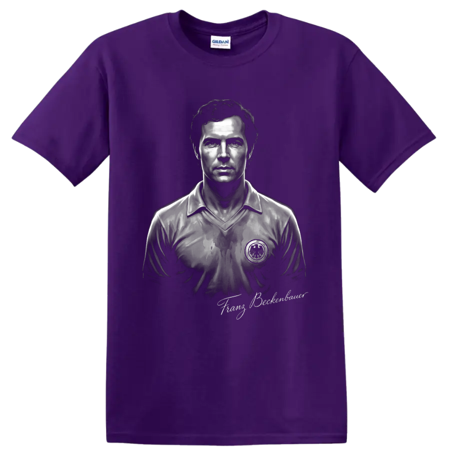 Monochrome Franz Beckenbauer soccer portrait with signature-style lettering on a Purple T Shirt