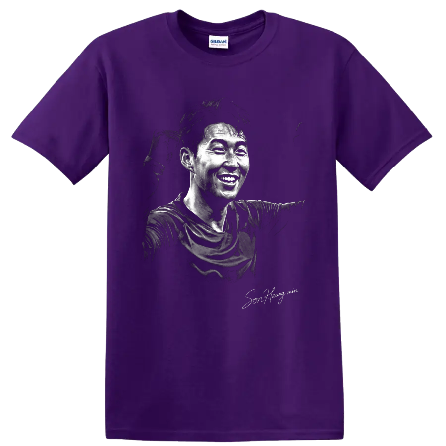 Son Heung-min smiling soccer portrait in high-contrast black-and-white illustration on a Purple T Shirt