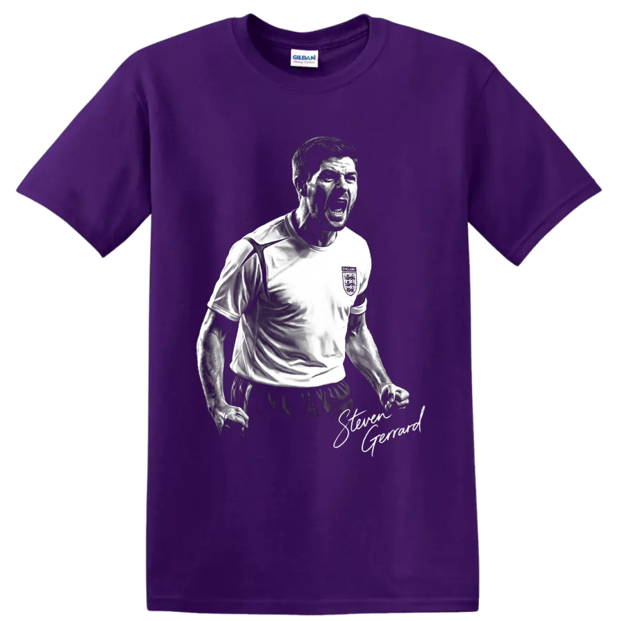 Steven Gerrard England soccer captain black-and-white celebration portrait with signature on a Purple T Shirt