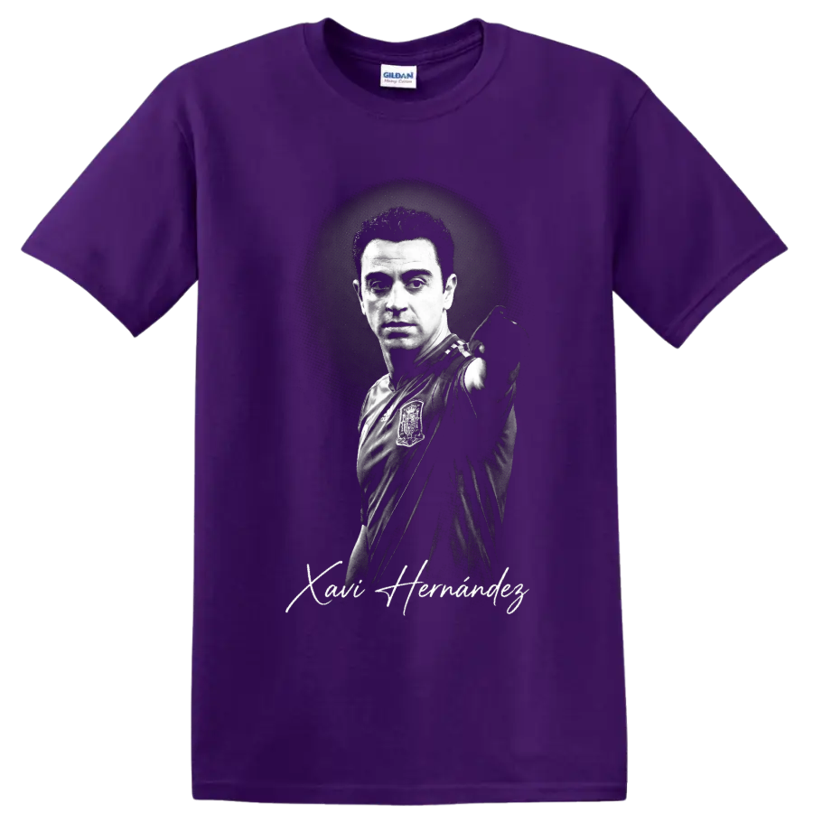 Xavi Hernández grayscale Spain soccer portrait with signature-style script on a Purple T Shirt