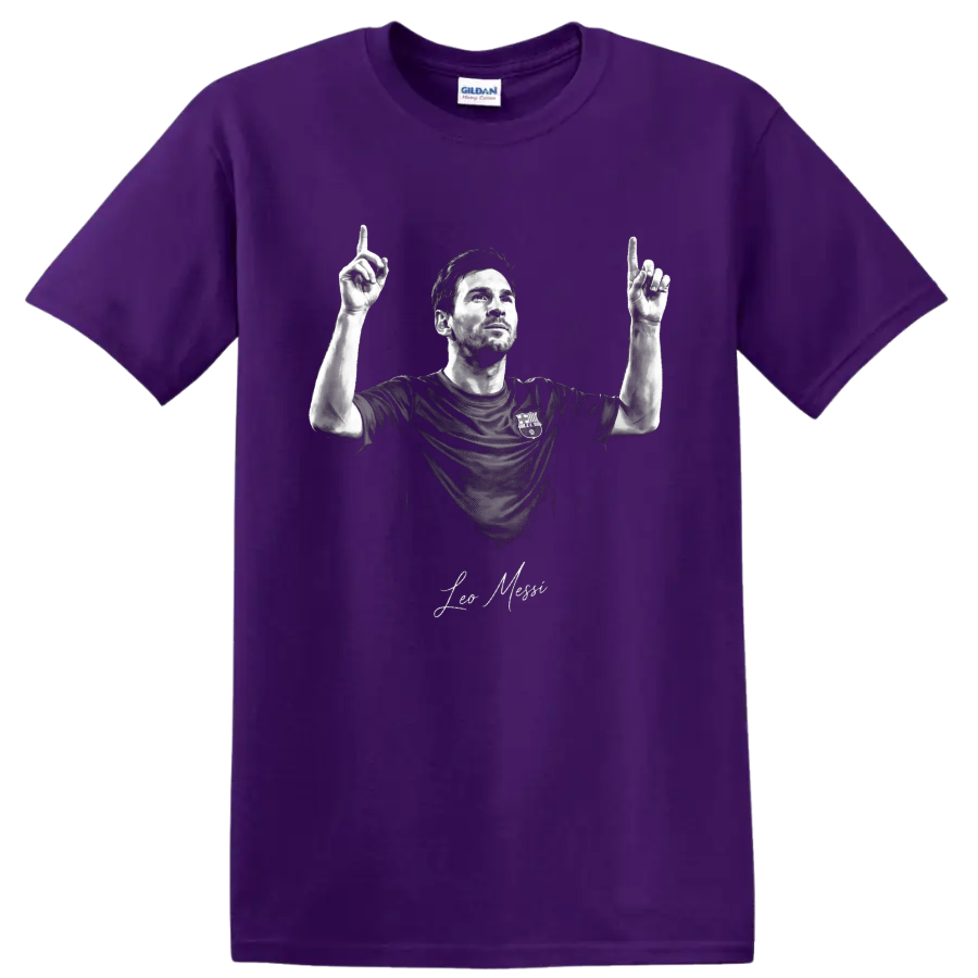 Lionel Messi monochrome soccer portrait with raised hands and signature-style lettering on a Purple T Shirt