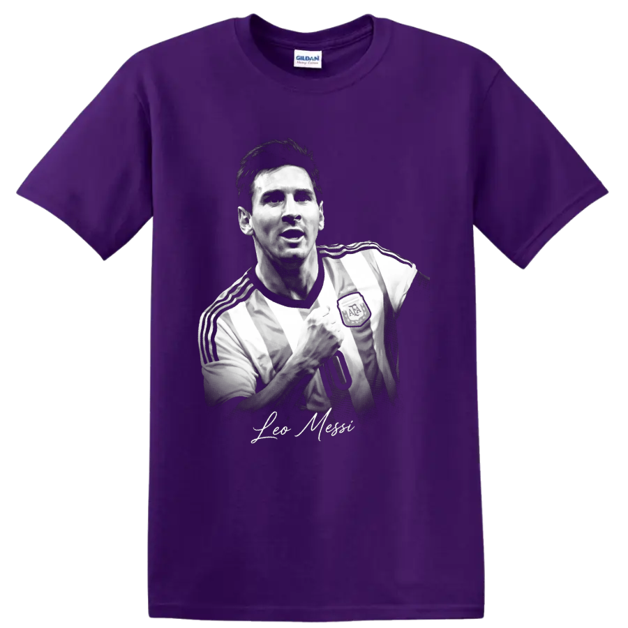 Lionel Messi Argentina soccer portrait with raised fist and signature-style name on a Purple T Shirt