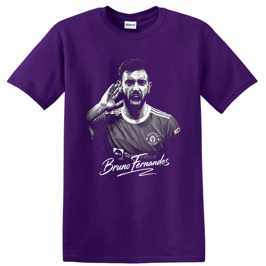 Bruno Fernandes monochrome soccer portrait with hand-to-ear pose and signature lettering on a Purple T Shirt