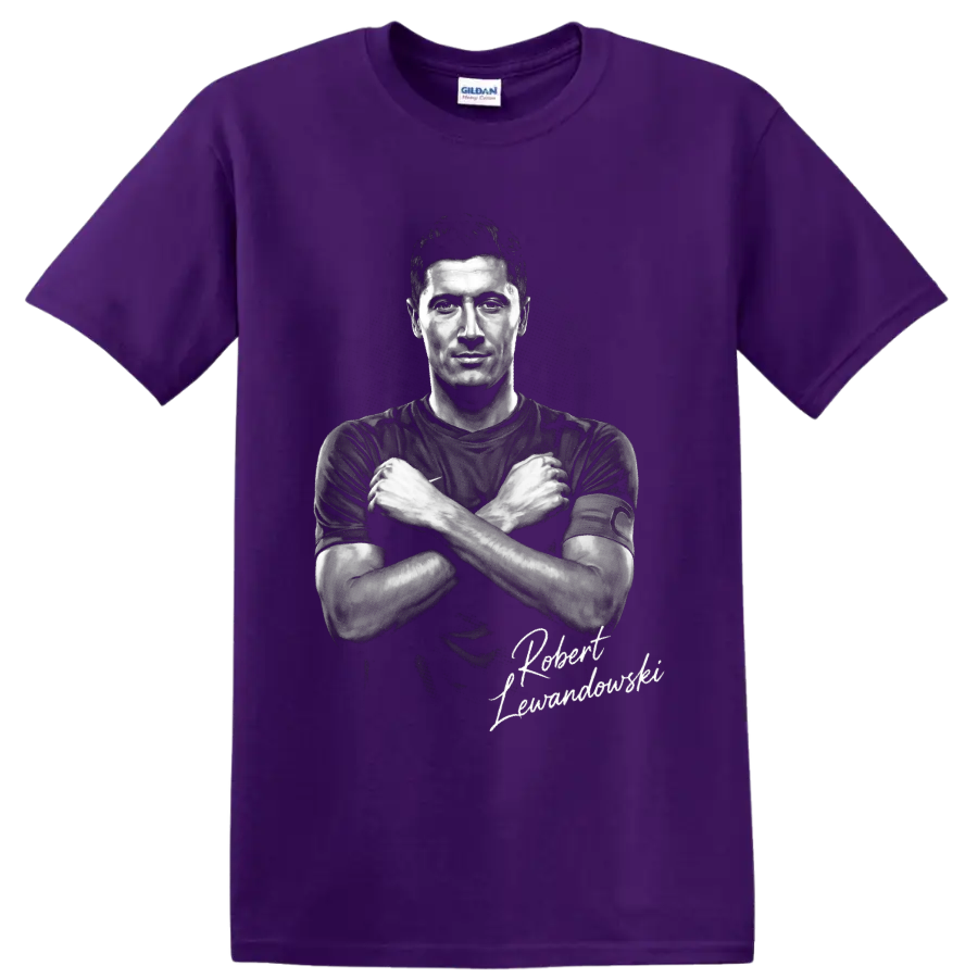 Robert Lewandowski crossed-arms grayscale soccer portrait with script signature on a Purple T Shirt