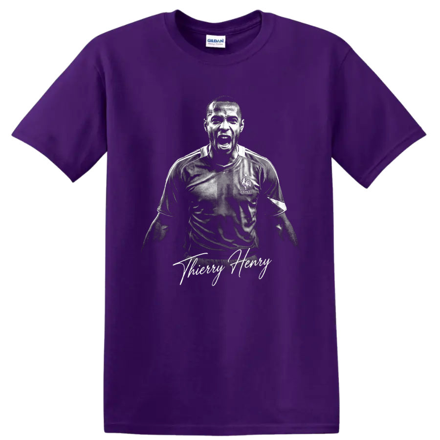 Thierry Henry France soccer celebration portrait with signature-style lettering on a Purple T Shirt