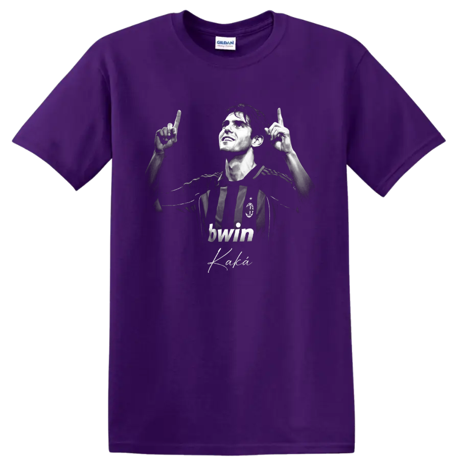 Kaká AC Milan monochrome portrait with raised hands and signature-style script on a Purple T Shirt