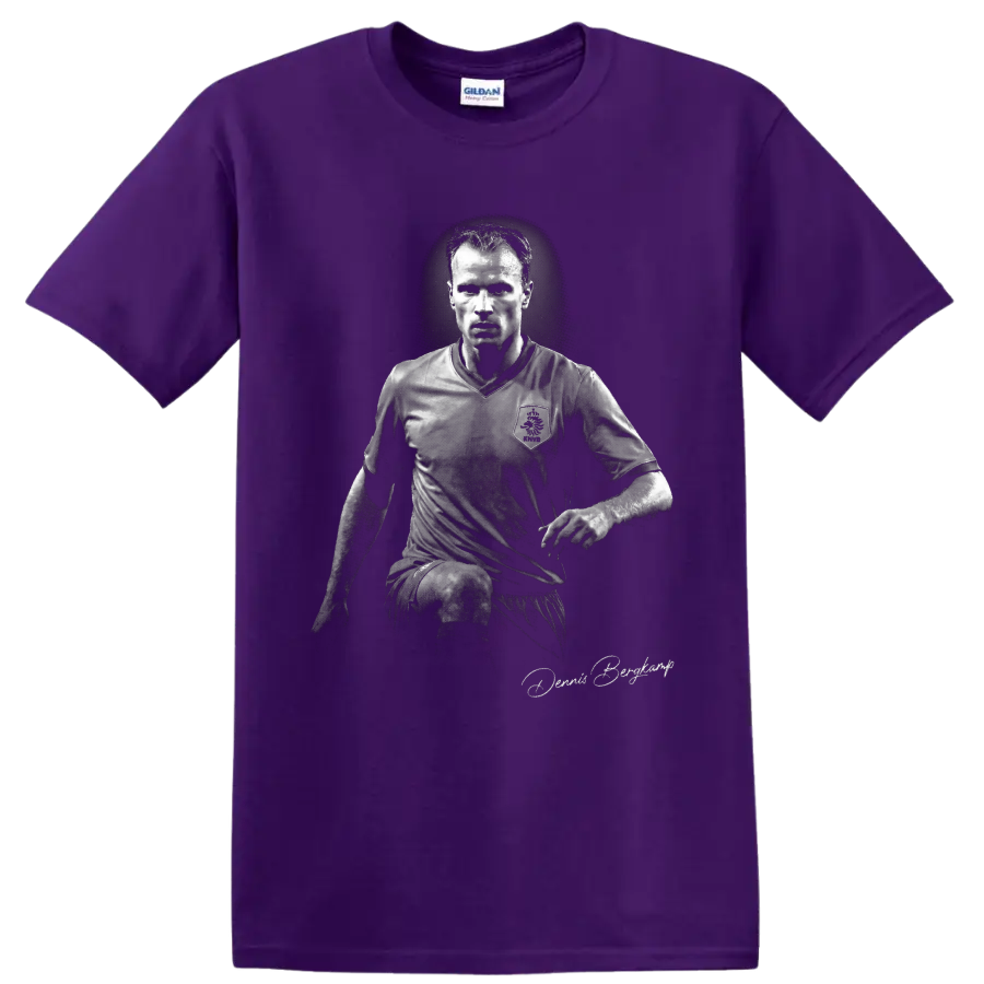Dennis Bergkamp monochrome Netherlands soccer portrait with signature-style script on a Purple T Shirt