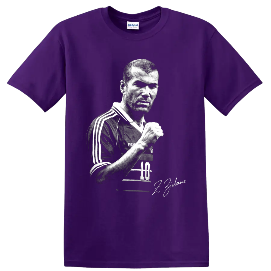 Zinedine Zidane black-and-white France soccer portrait with number 10 and signature on a Purple T Shirt