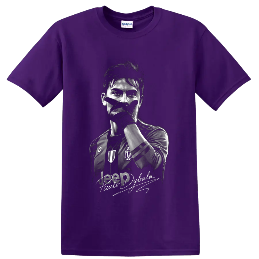 Paulo Dybala monochrome soccer portrait with mask-style celebration pose and signature on a Purple T Shirt