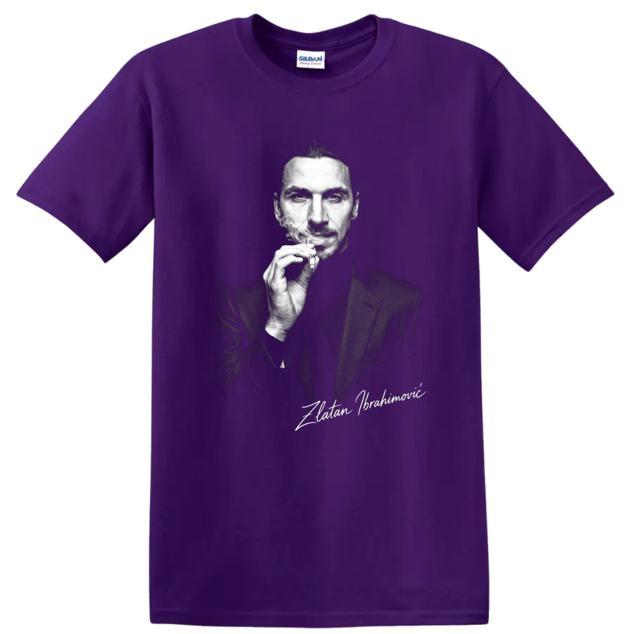 Zlatan Ibrahimović black-and-white smoking portrait with signature-style text on a Purple T Shirt