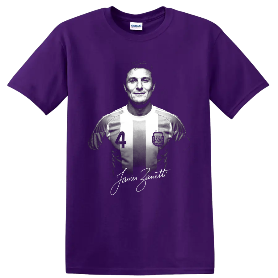 Javier Zanetti monochrome soccer portrait in striped number 4 jersey with signature on a Purple T Shirt