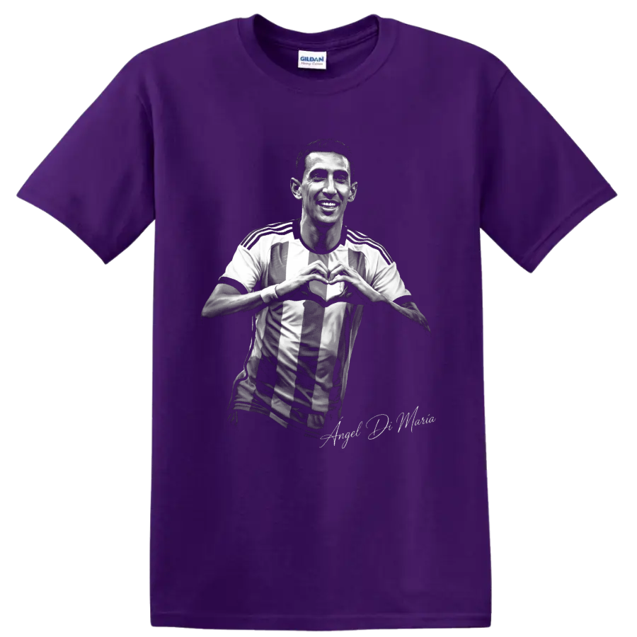 Ángel Di María monochrome soccer portrait making a heart gesture in a striped jersey on a Purple T Shirt