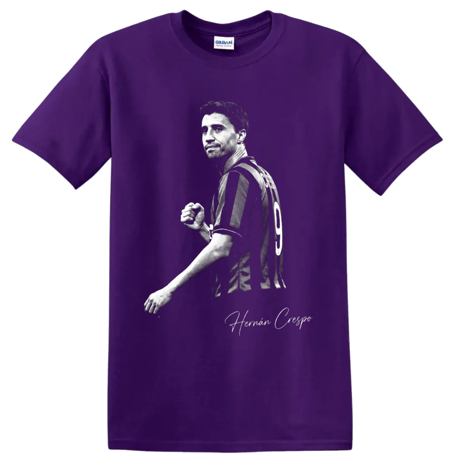 Hernan Crespo soccer portrait in striped number 9 jersey with signature-style script on a Purple T Shirt