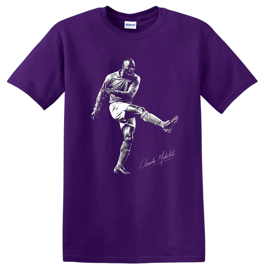 Claude Makelele soccer player kicking in a high-contrast monochrome sketch design on a Purple T Shirt