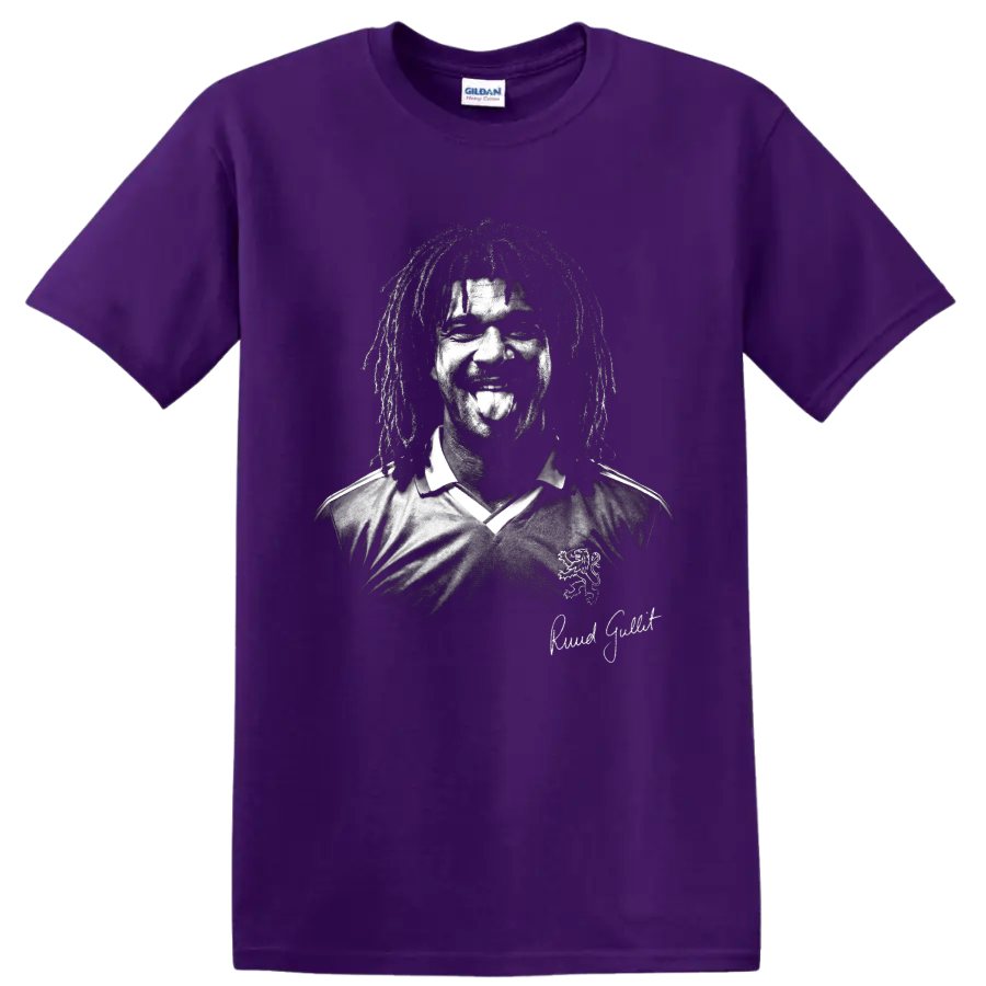 Distressed black-and-white Ruud Gullit soccer portrait with signature on a Purple T Shirt
