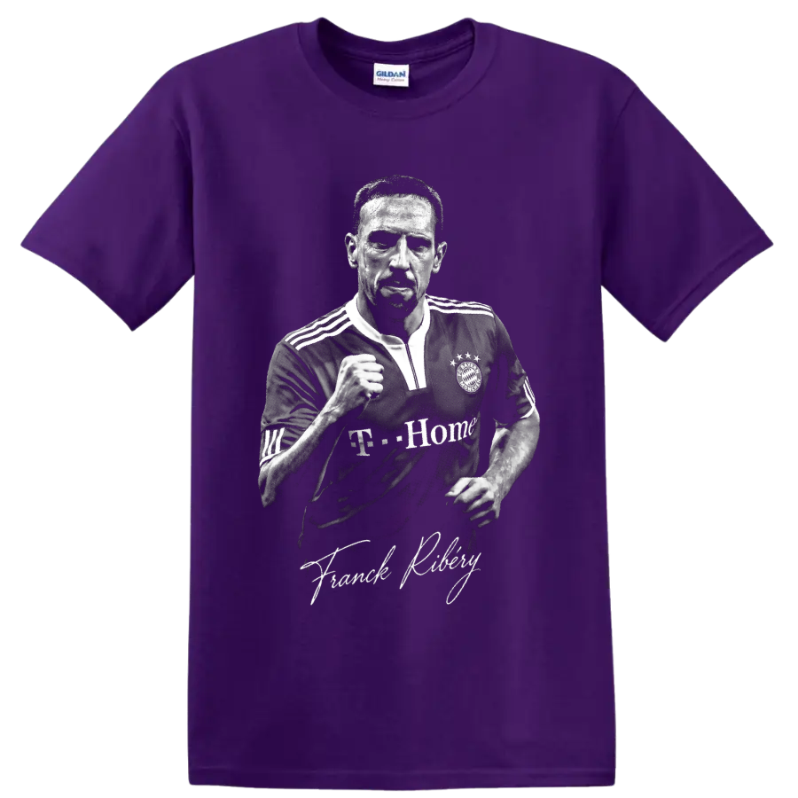 Franck Ribery Bayern Munich black-and-white soccer portrait with signature lettering on a Purple T Shirt