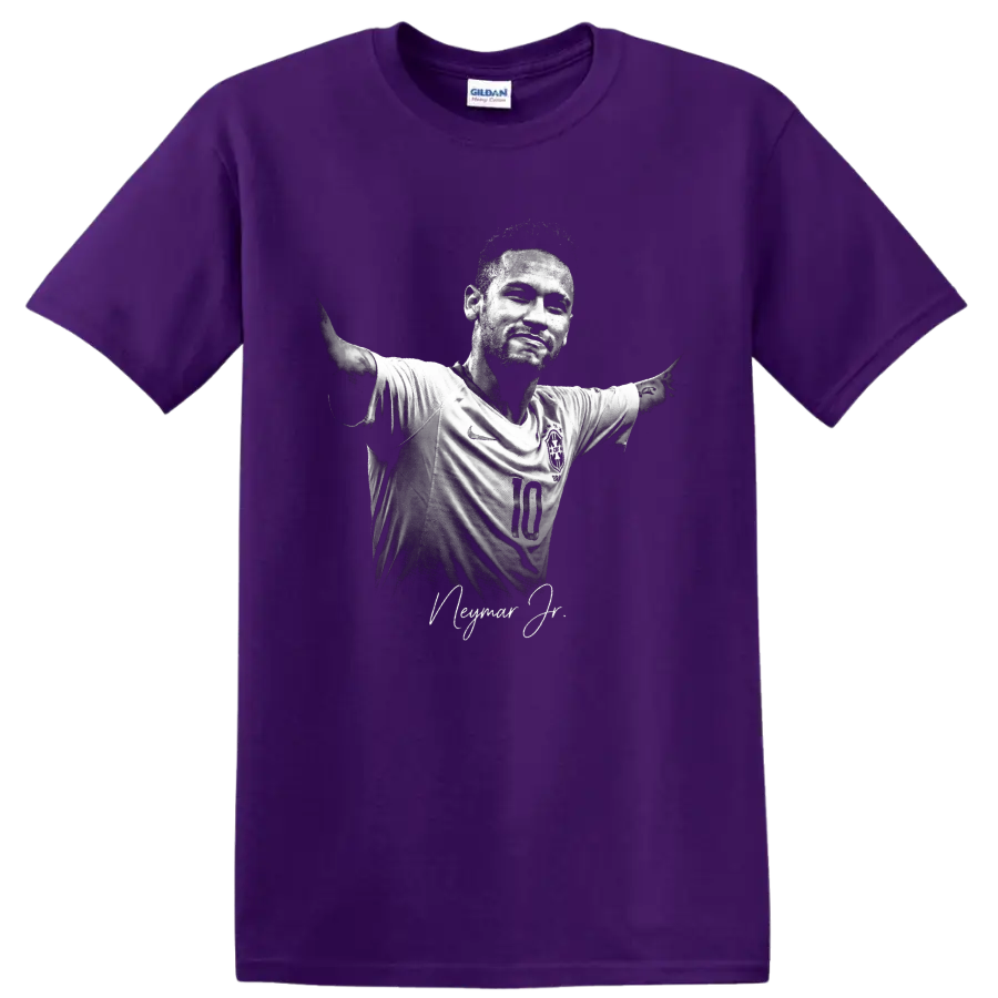 Neymar Jr Brazil number 10 soccer portrait with arms out and signature-style text on a Purple T Shirt