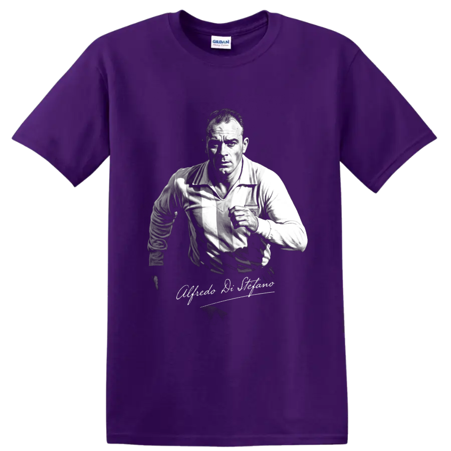 Alfredo Di Stéfano soccer portrait in vintage black-and-white style with signature script on a Purple T Shirt