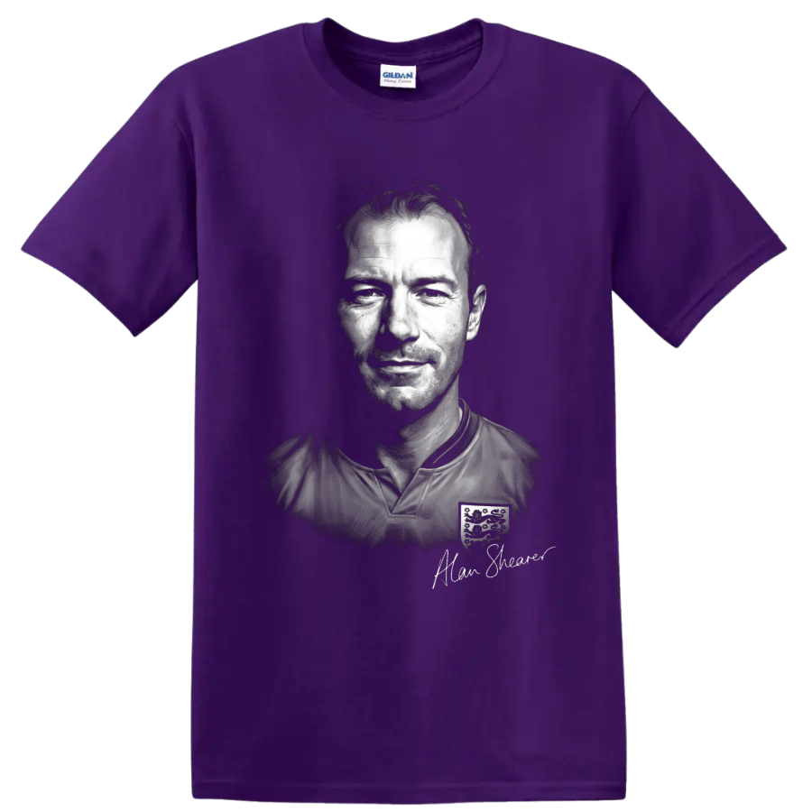 Alan Shearer black-and-white England soccer portrait with signature-style text on a Purple T Shirt