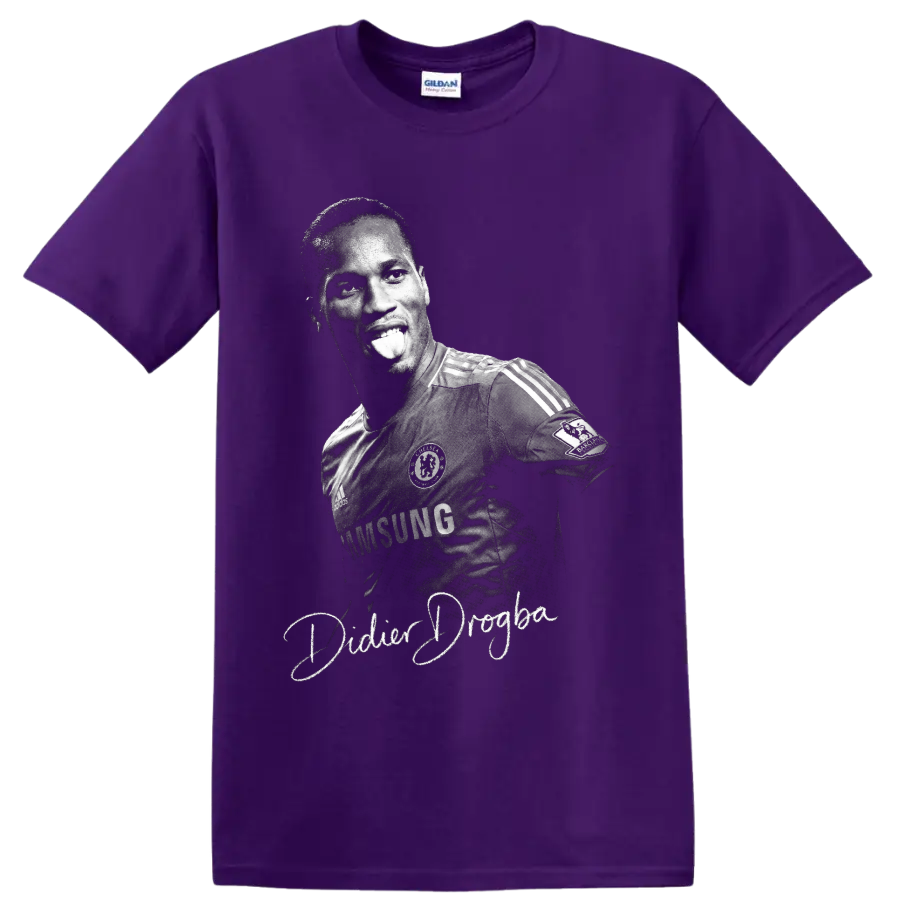 Didier Drogba Chelsea soccer portrait in vintage black-and-white with cursive name on a Purple T Shirt