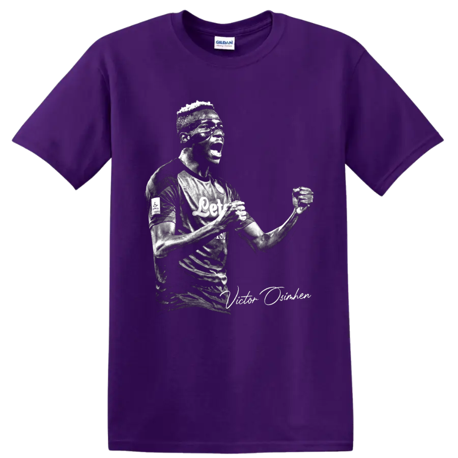Victor Osimhen Napoli soccer celebration portrait with signature-style text on a Purple T Shirt