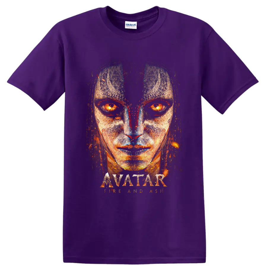 Jake Sully fiery distressed portrait graphic with Avatar Fire and Ash text on a Purple T Shirt
