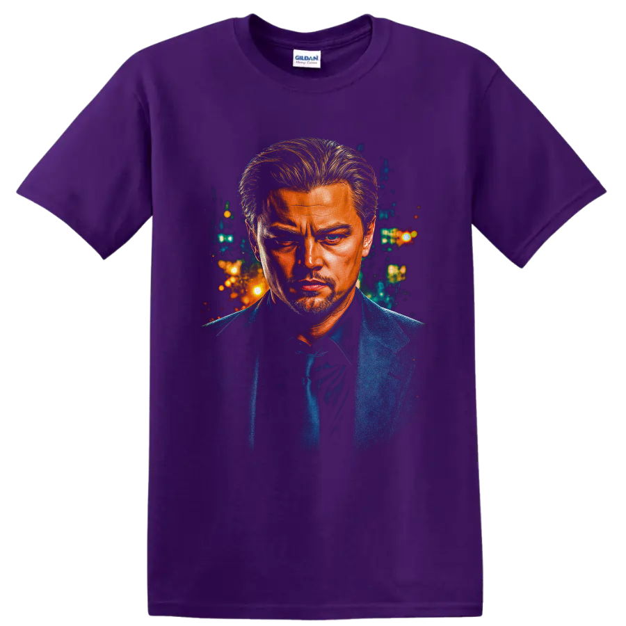 Dominic Cobb as Leonardo DiCaprio in a painterly neon city portrait on a Purple T Shirt