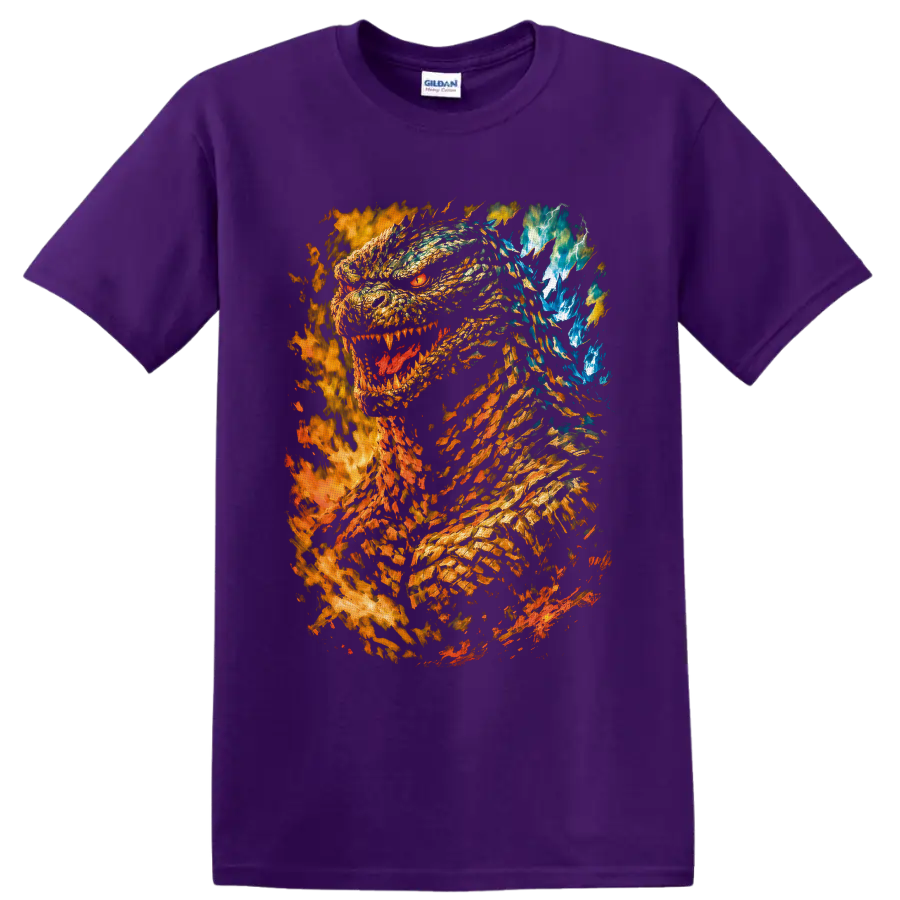 Burning Godzilla roaring amid flames, sparks, blue energy, and lightning on a Purple T Shirt
