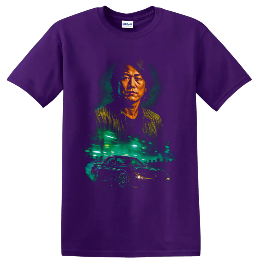 Han Lue neon portrait with a street-racing car and glowing city lights on a Purple T Shirt