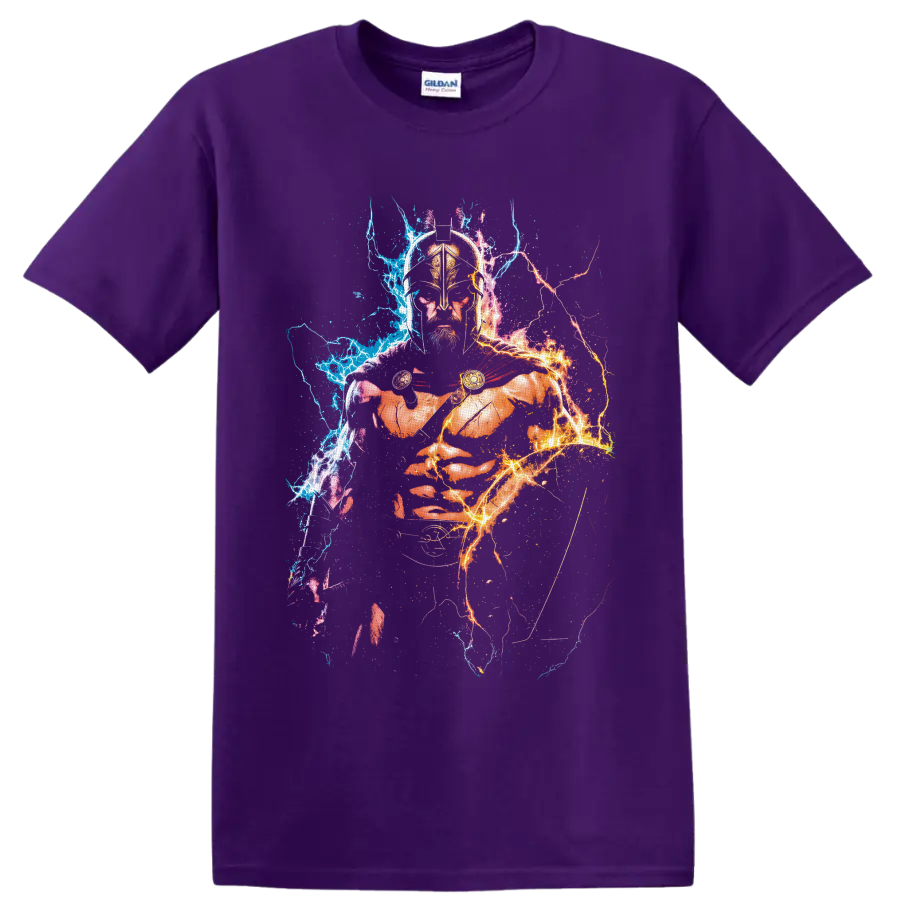 King Leonidas Spartan warrior graphic with red cape and blue orange lightning on a Purple T Shirt