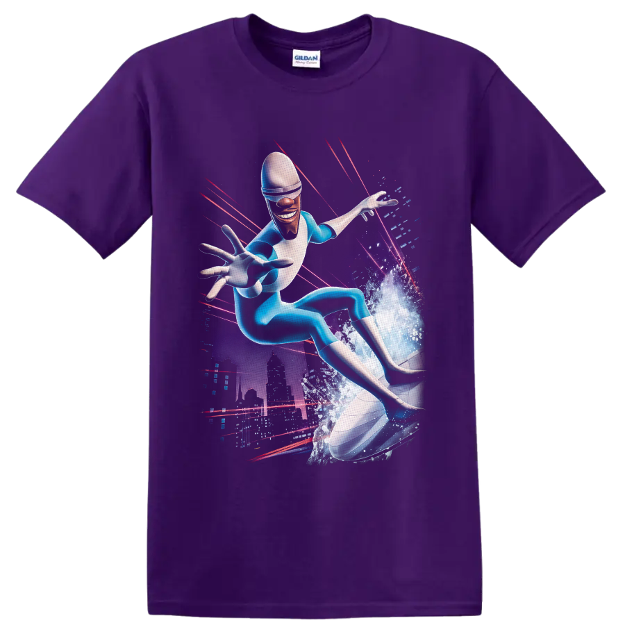 Frozone surfing an ice wave in a neon futuristic city graphic on a Purple T Shirt