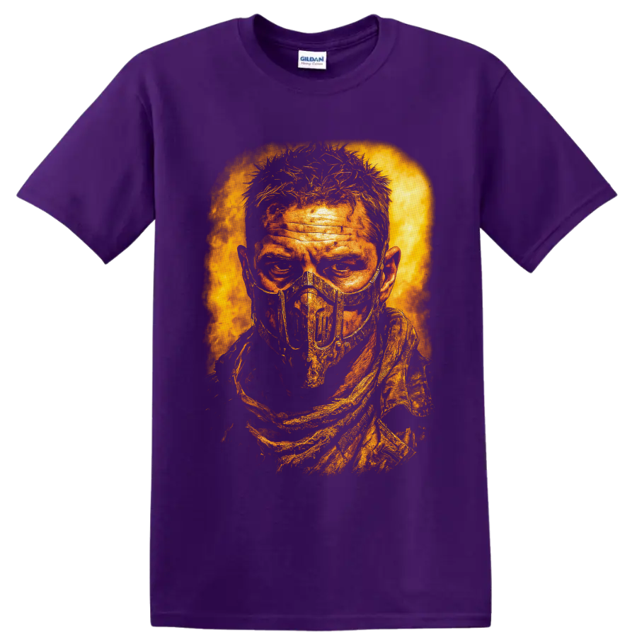 Distressed fiery portrait of a masked Mad Max: Fury Road wasteland figure on a Purple T Shirt