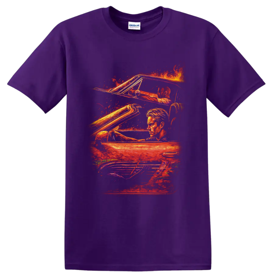 Brian O'Conner fiery street racing art with a performance car and illustrated portrait on a Purple T Shirt